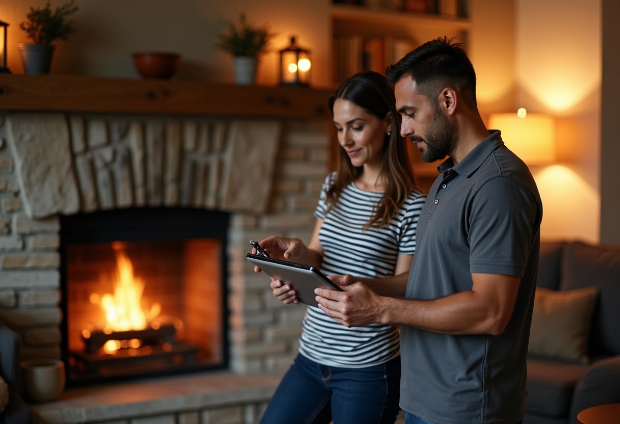 Technician showing a camera inspection beside a stone fireplace — Tysons