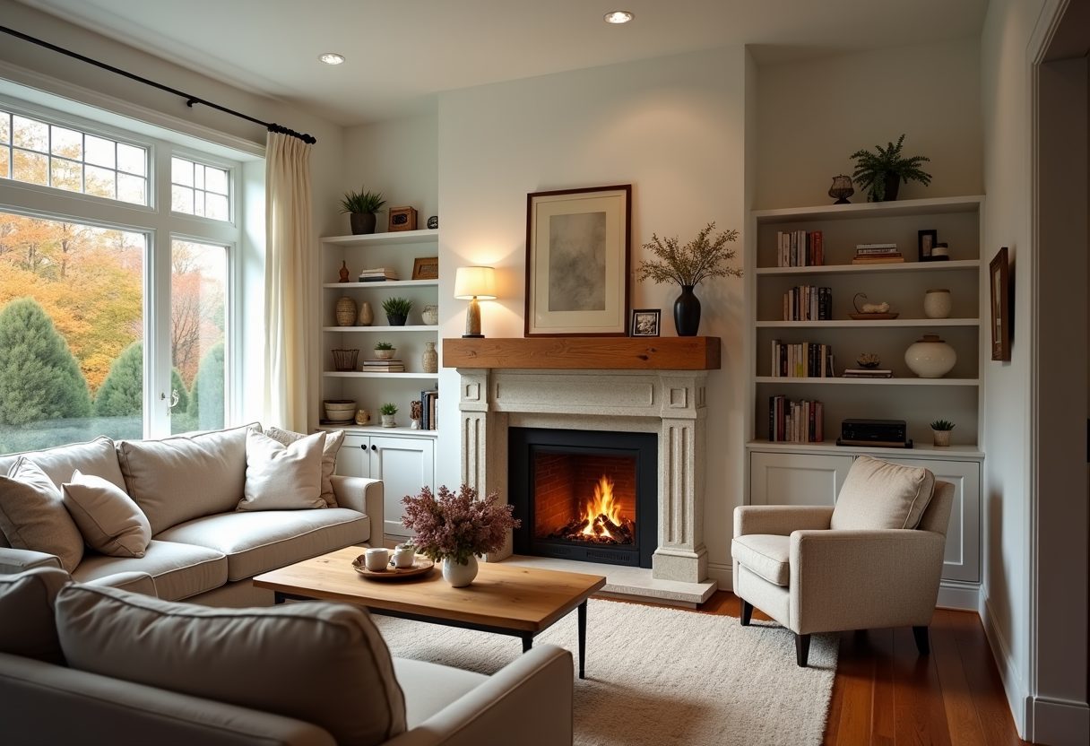 Lit stone fireplace in a bright living room — Tysons